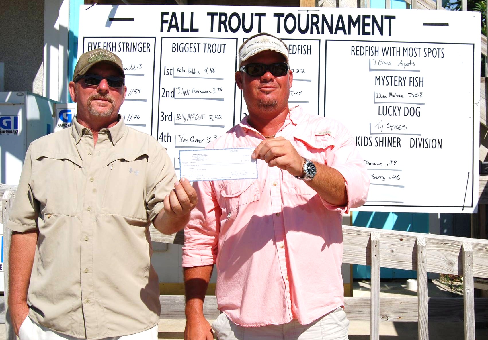 Paul Wilson and Jason Witherspoon accepting a $1000 check for first place in the 3rd annual Taylor County Fall Trout tourney Saturday, September 13 .