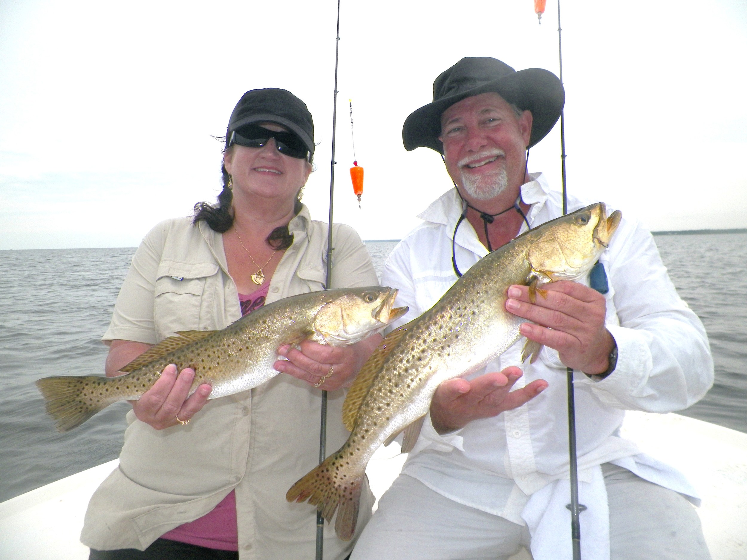 Dawn Taylor, Perry Chamber of Commerce, with Steve( "Stevie D") Johnson of 98.1 F.M. Live Oak with a great "double" of Specks caught 9/19/14