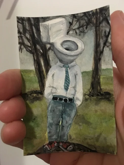  Toilet bowl boy , 2017, gouache on paper, 6 x 4 cm. 