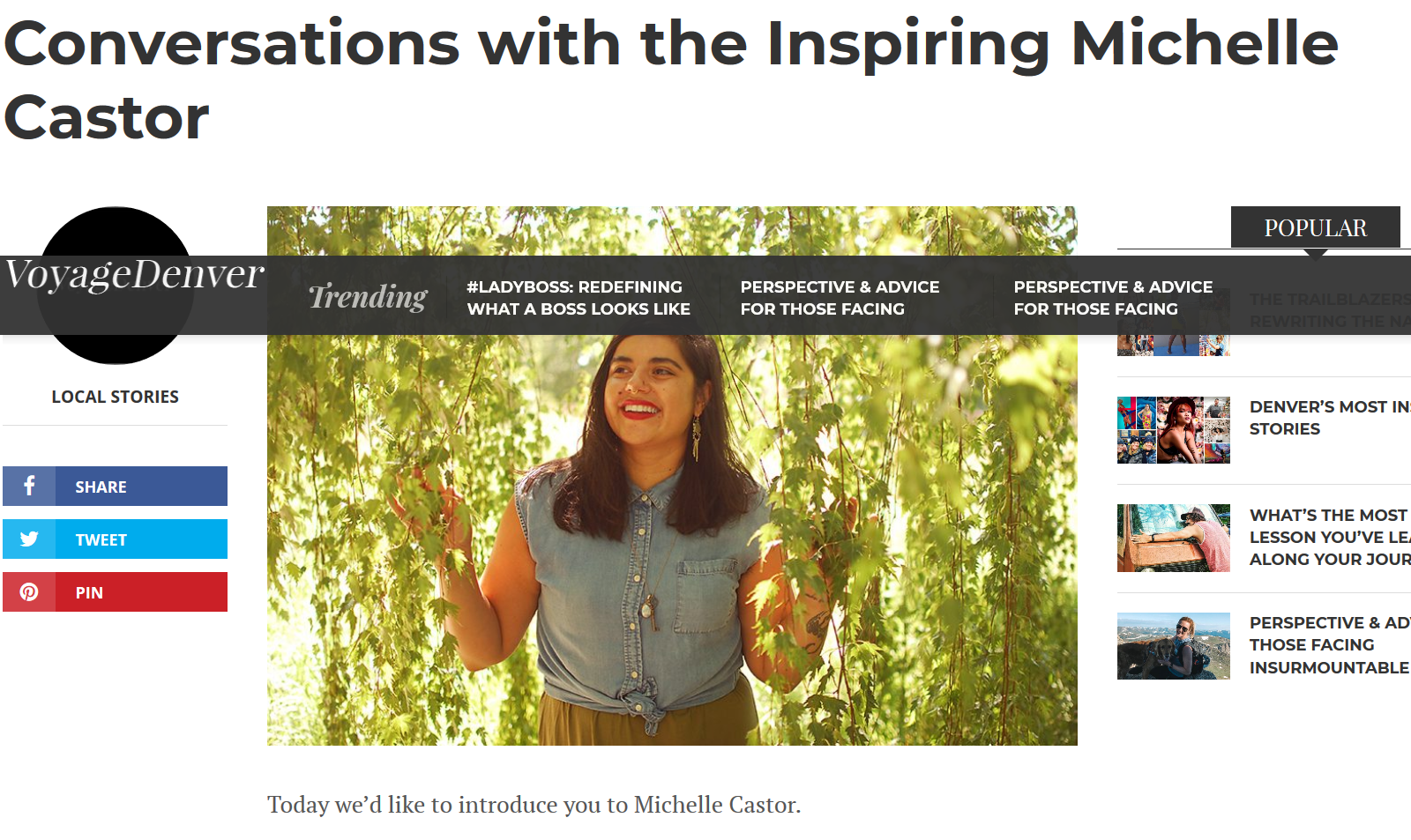 Screenshot from Voyage Denver Article, “Conversations with the Inspiring Michelle Castor”