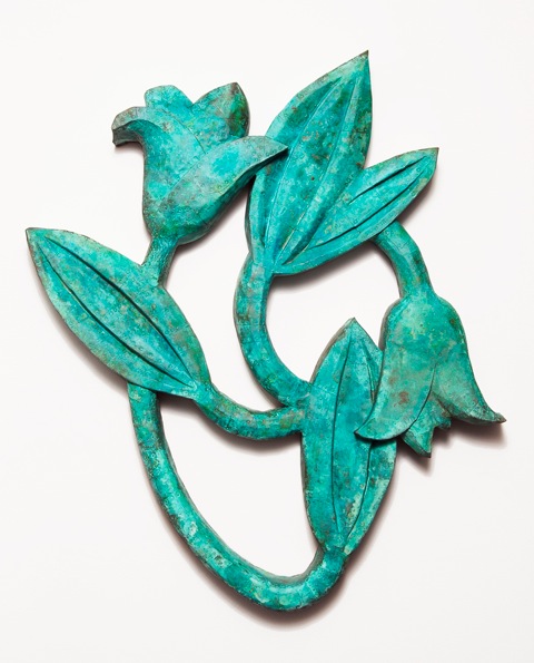 Forget-Me-Nots, Patinated hammered copper over carved wood, 38" x 32" x 4”
