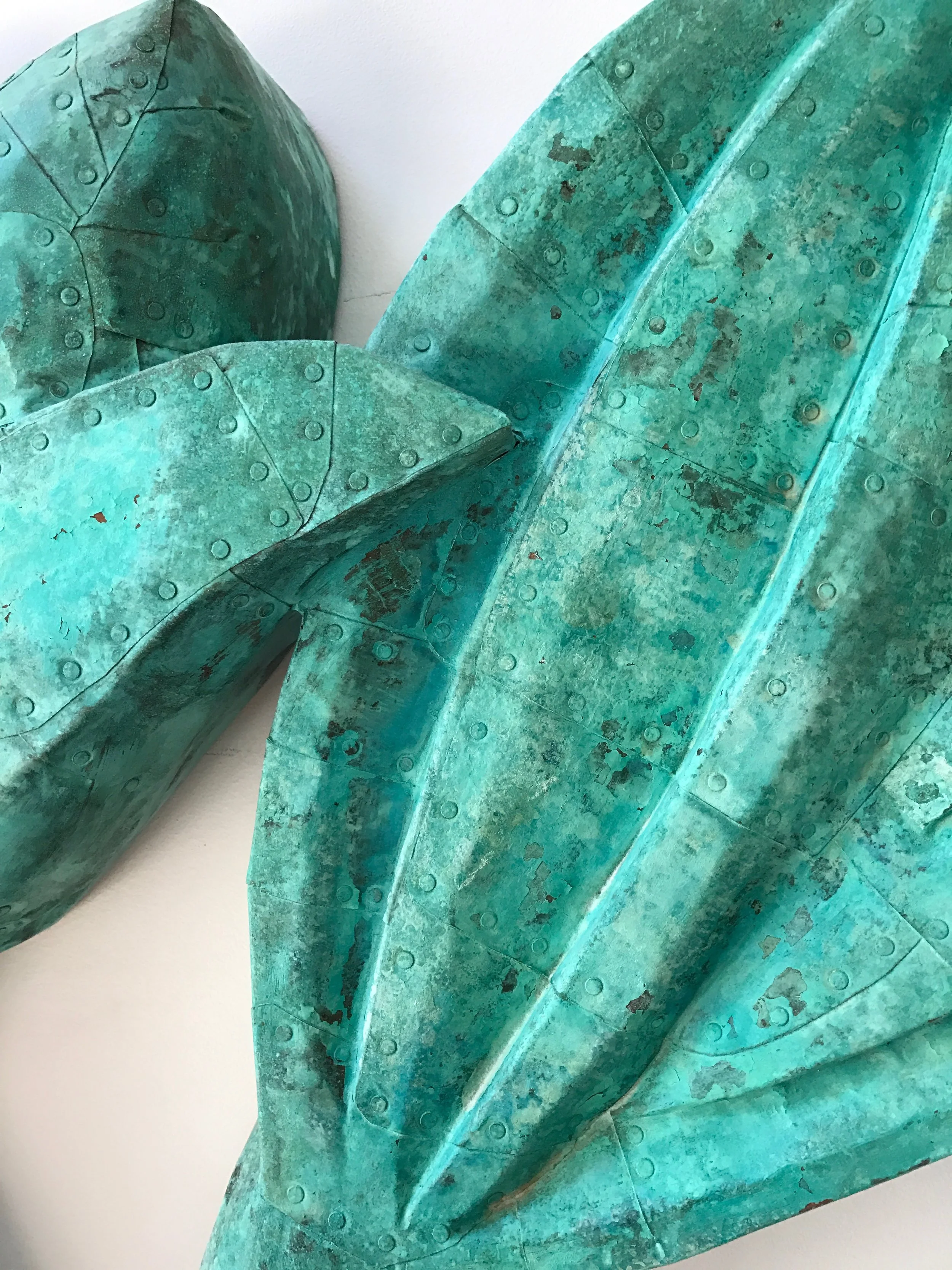 Forget-Me-Nots detail, Patinated hammered copper over carved wood, 38" x 32" x 4”