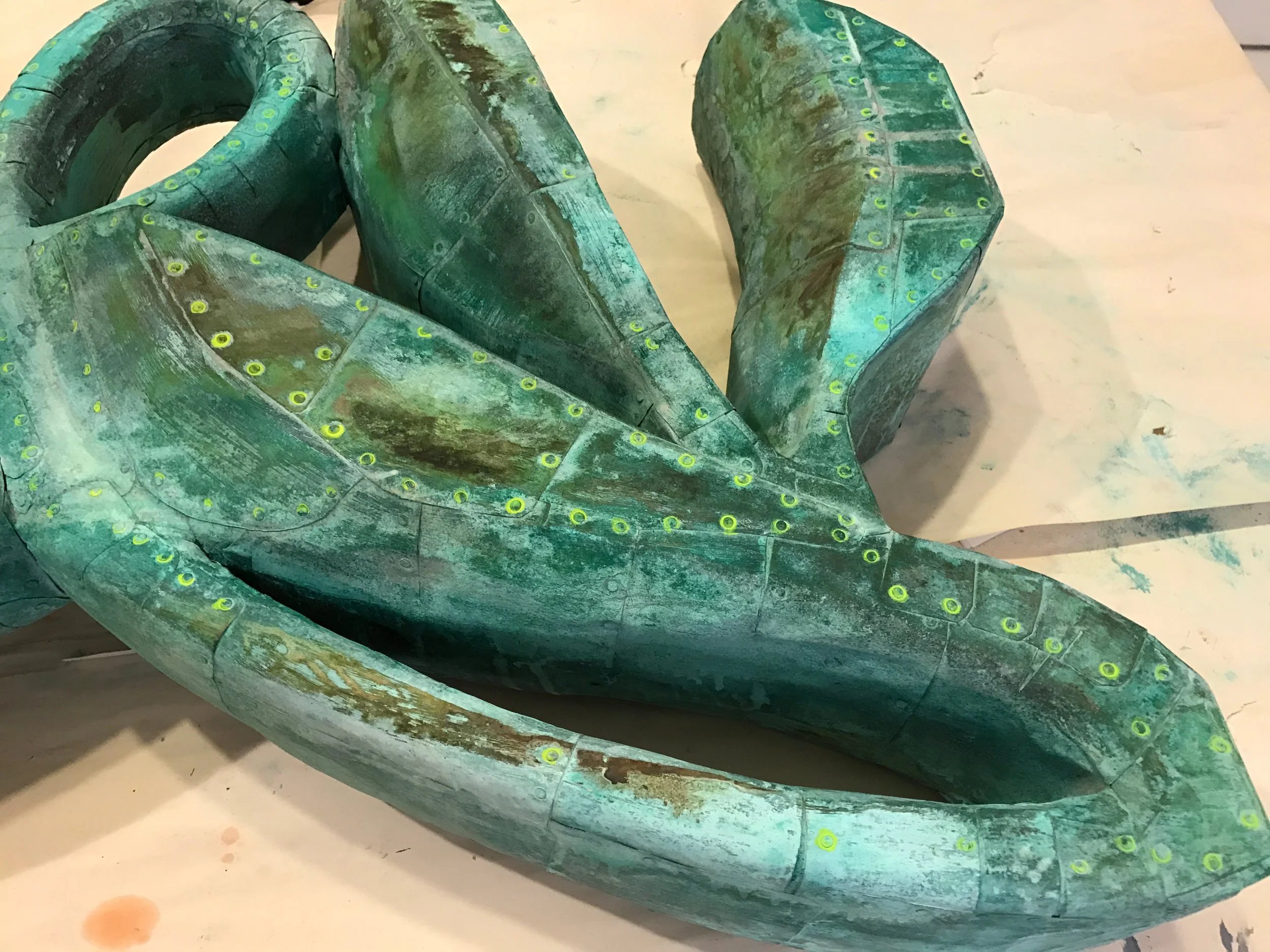 Grace detail, Patinated hammered copper over carved wood, 40" x 21" x 9.5”