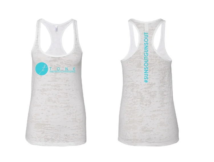  This white tank features the oh-so-popular #sunsoutgunsout. 