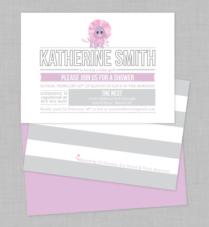 The invitations featured this cute illustration I did of the purple lion. She was carried throughout the whole shower.