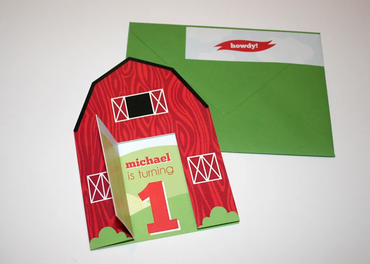 I knew the invitations needed to be something special for little Michael, so I decided to go with this custom cut barn that gave a little peek-a-boo to what was inside.