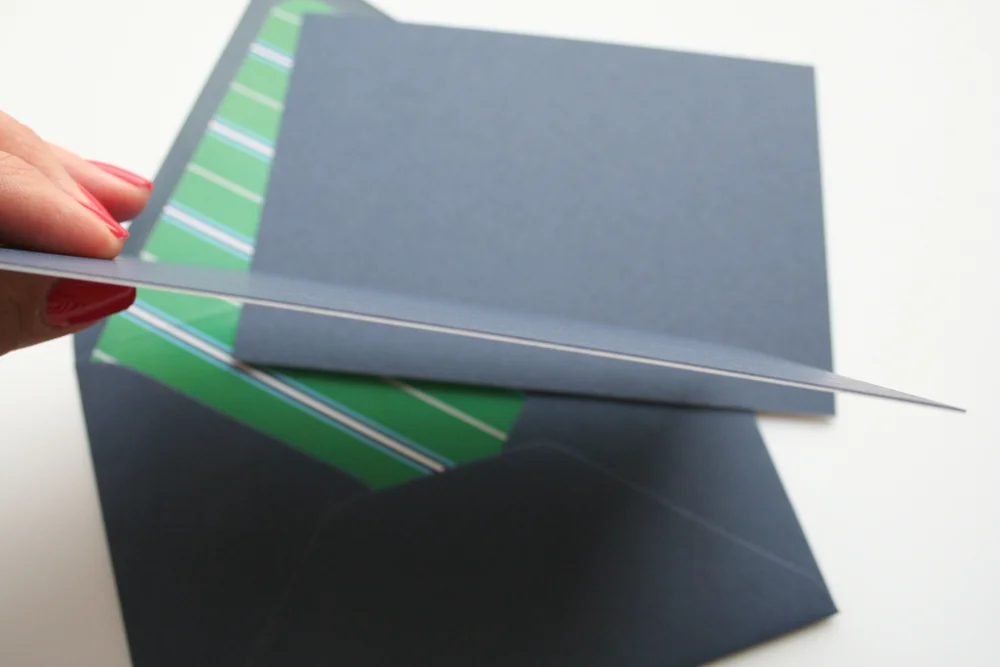 Navy Paper S ource cover stock was duplexed with a white sheet of 120# paper to make these super thick and durable. (Your friendly design tip for the day: Duplexing is the pasting of two sheets together, making one thicker sheet in the end. 120# white + 100# navy = thick!)