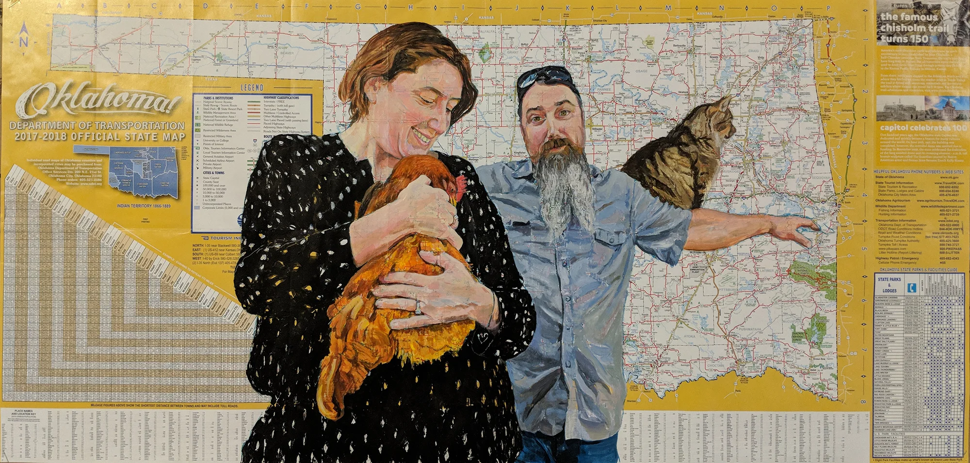Oklahoma Chicken Huggers (painted on a roadmap) ... 18" x 37.5"