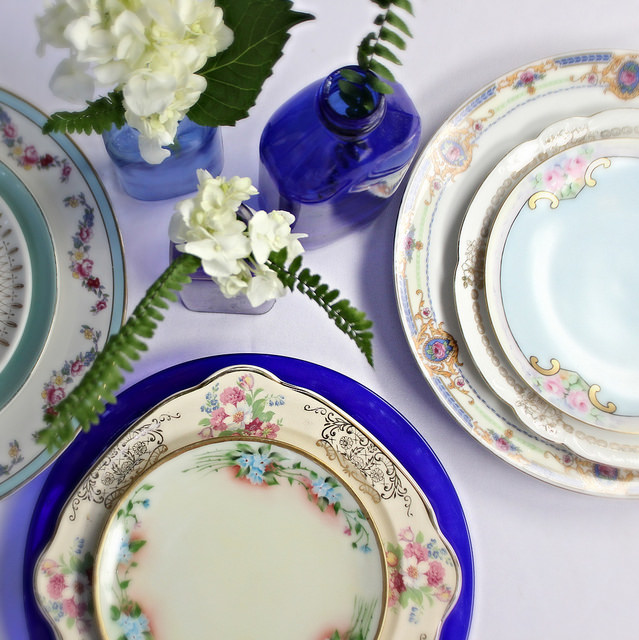 Vintage blue china and Depression glass plates