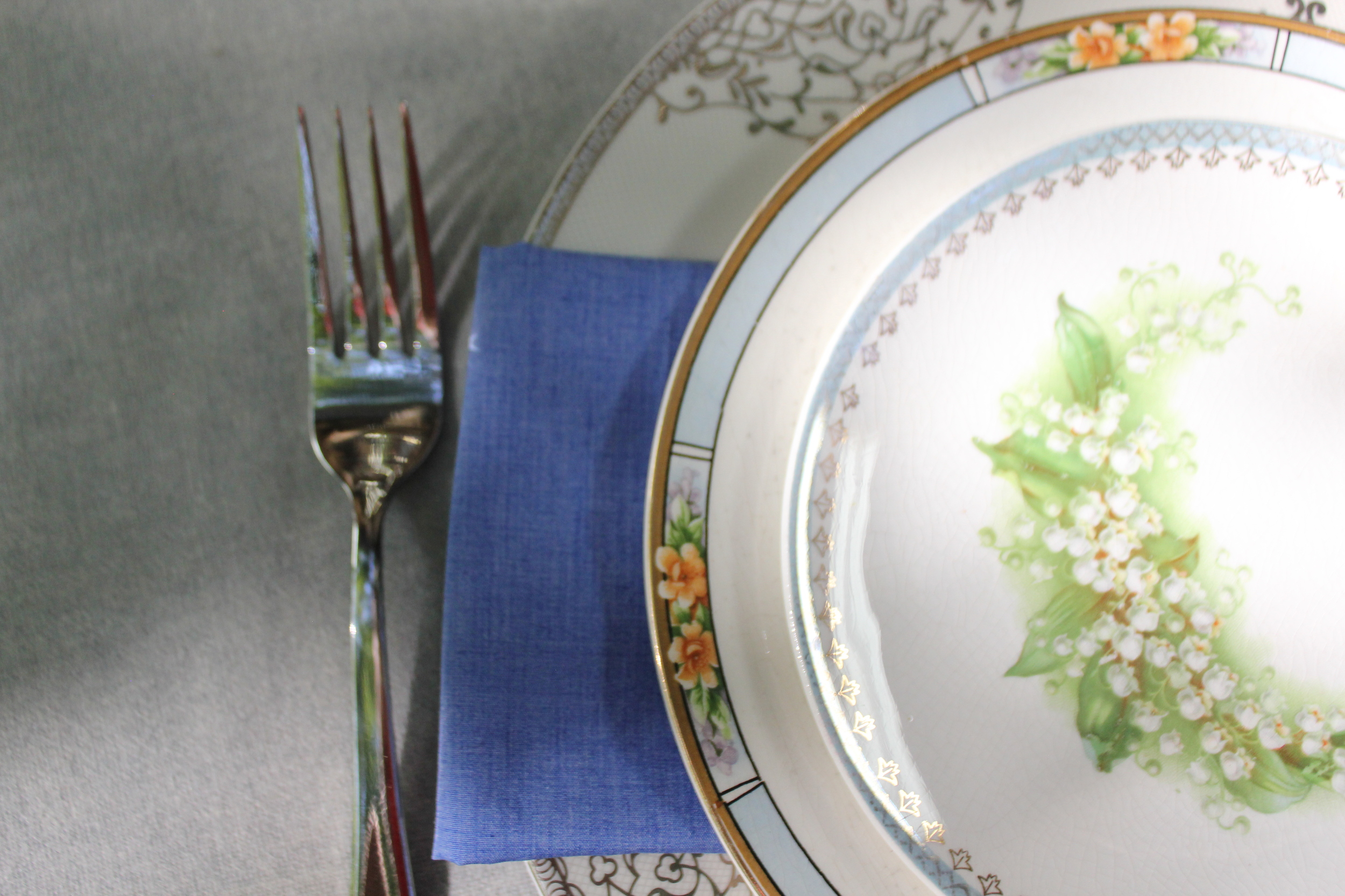 Vintage blue china and Depression glass plates