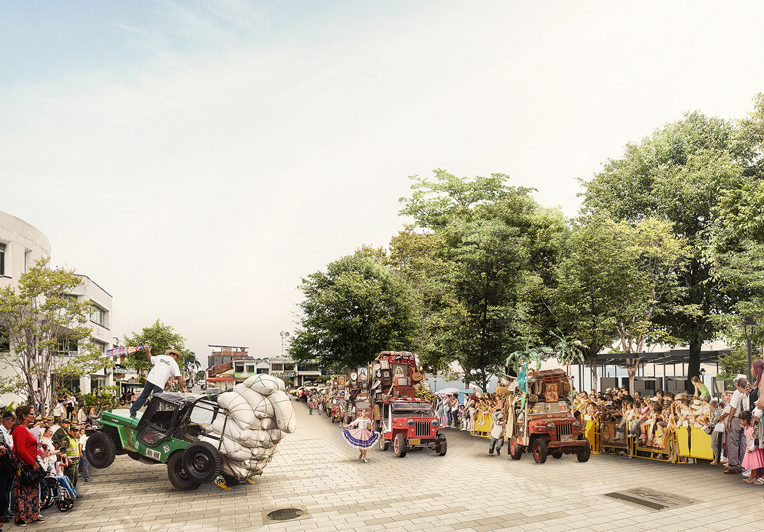   Revitalización del Espacio Público de la Tebaida    La Tebaida, Colombia (2018)   The projects starts recognizing the natural baseline of the municipality of La Tebaida and its role as an articulator of all possible spatial interventions. Therefore, the proposal tends to reinforce the system that La Tebaida is part of.  This first reading takes a role part in the proposal. It must be not only materially but also culturally coherent with the context and it must be long lasting, since these major interventions are not very frequent in small towns.  The proximity with the “Coffee Cultural Landscape” (declared World Heritage by UNESCO) makes La Tebaida a strategic point in terms of tourism.  The design comes from two premises, the first one: To stand out the natural component trough preserving the existing greenery in the parks and planting more in the corridors that connect them. The second one: Creating a comfortable and inclusive public space with pedestrian priority and cultural references.  We decided to put all public space in just one level, removing architectural barriers, discouraging the use of cars and promoting sustainable mobility. All of these linked with other plans and projects made by the local government who wants to position La Tebaida trough a gastronomic vocation in the tourist circuit of the country center region.  Through a serene proposal with simple geometries this project wants to give La Tebaida a new urban identity. 