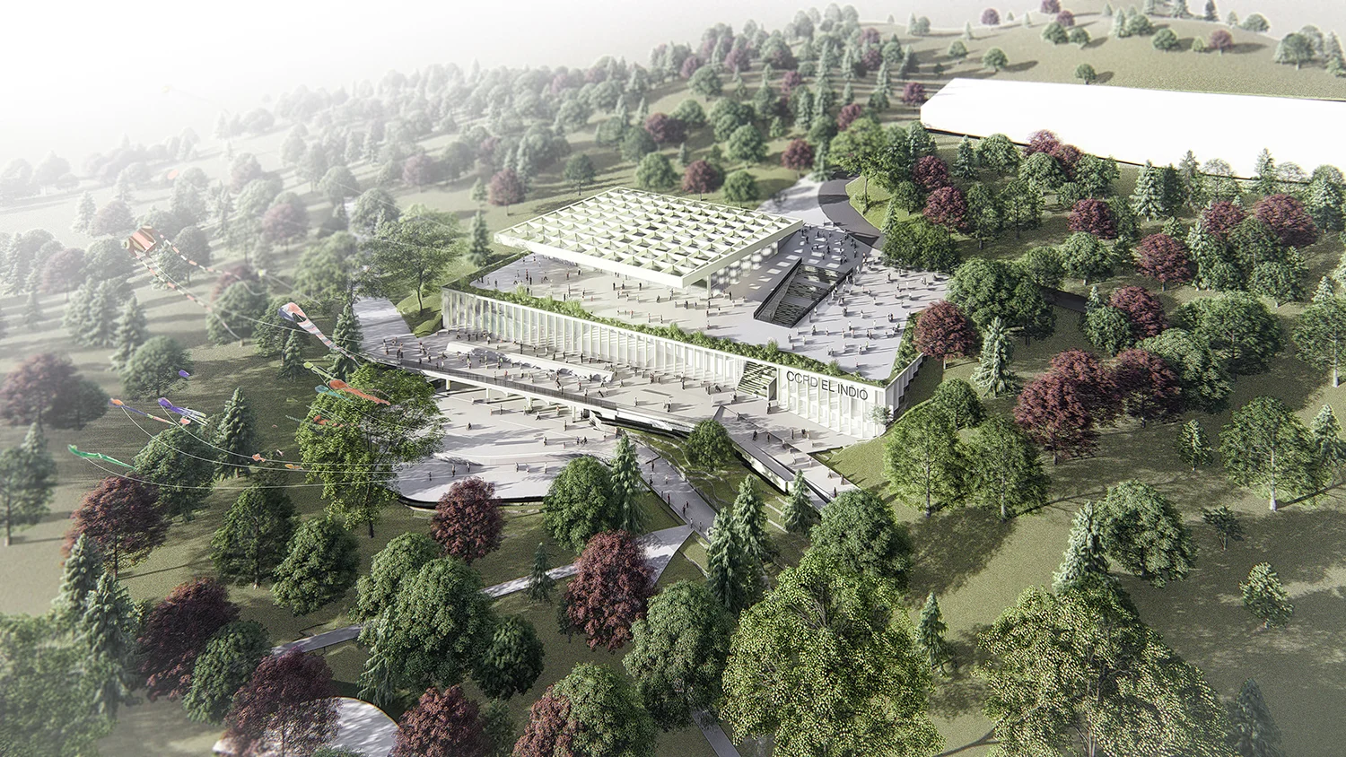   Centro Cultural, Recreativo y Deportivo El Indio    Bogotá, Colombia (2018)   Our proposal for the new CCDR El Indio, configures one of the bests gathering spaces for the city, an inclusive place for both low and high income neighboring communities of Suba hill.  The building represents in a strong way the institutional image of the IDRD inside the Indio Park. It is also integrated in the slope of Suba hill which allows an efficient development of the architectural interior program through uneven slopes.  Located at 2603 meters above sea level, the building shapes a vast upper flat slope towards the landscape giving 2.478 m2 to public use for events or leisure to qualify the now called Kites Park.  The tiered program is composed by three levels and it is disposed to enjoy the landscape near Juan Amarillo wetland and Los Lagartos lake, and the faraway views of Bogota and sometimes the snowy peaks of the Ruiz and Tolima.  The layout correspond to a compact building of 9.089 m2 of built program that relates with the Park´s trails and with the existing Tank through the access breach. The building also connects with the 127 Ave. project with public space, trails and linger zones.  Into building interior, the diverse heights of the spaces produce different environments that enrich the inside experience, always with well illuminated, double and triple heighted and constantly landscape related spaces. 