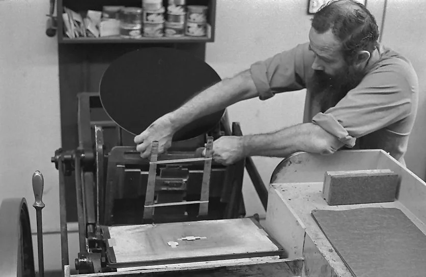 Wil removing the chase after printing the business cards for the photographer of these photos HH Johnston. Collection of Sean Johnston 1970-08