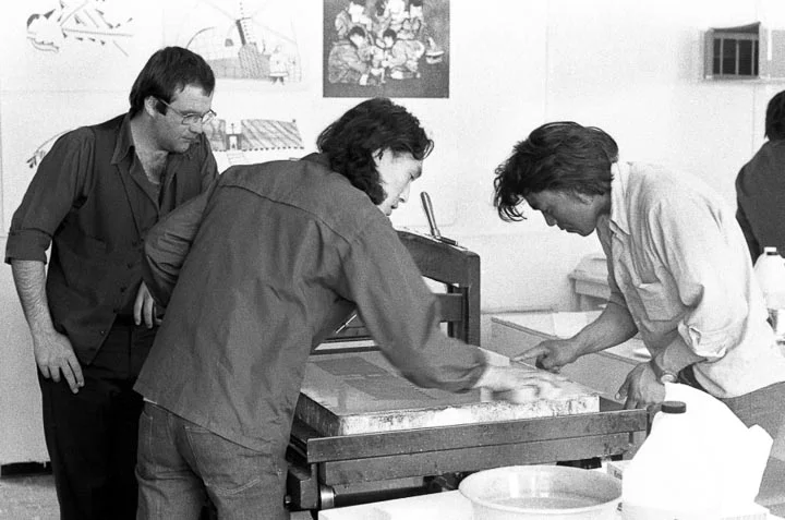 The Fuchs and Lang presses were early workhorses but quickly replaced by Charles Brand Presses. Left to right Wallace Brennan, Audla Pudlat and ? photo:Tessa MacIntosh