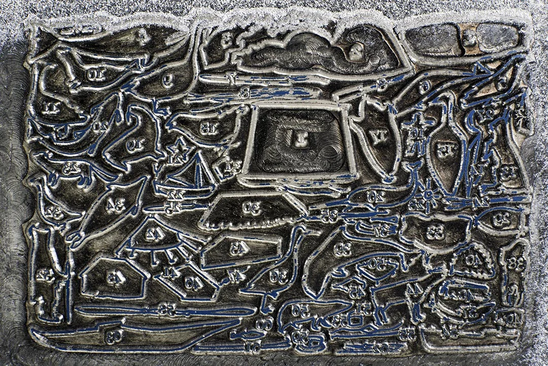 You can see the oxidation on the top of this plate as well. The blue material is the photo emulsion that remains on the plate after developing.