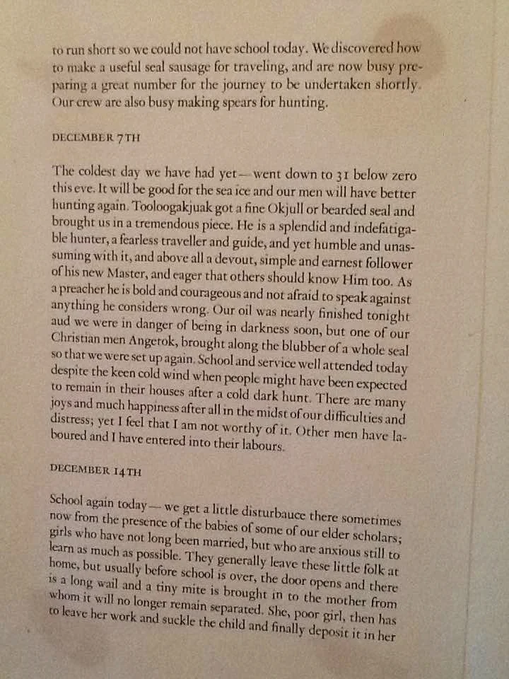 "The coldest day" sentence seems to have been removed on the actual type matter after it was proofed. Laura says the Arctic Journal was in complete but since I have not seen it I can't say how incomplete. collection of Laura Walz October 2014