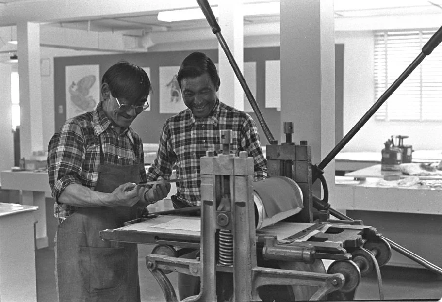 Lucta and Ninguatsiak printing on the Canadian Mint etching press