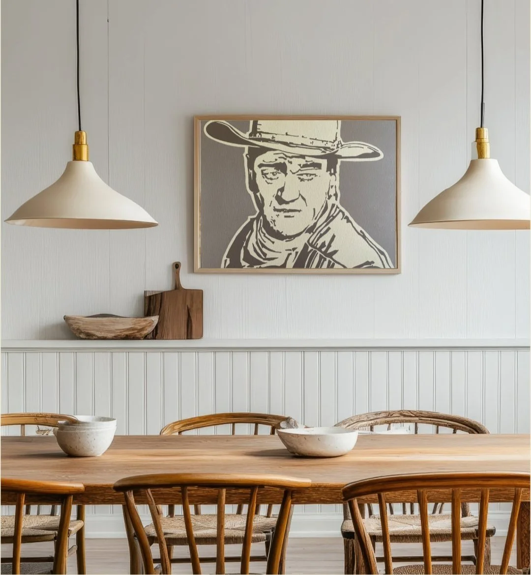 Title: John Wayne ll Year: 2025 Classification: Unique, Original Artwork Medium Discipline: Painting Medium/Materials: Polyvinyl Acetate on Canvas, Matte Medium Dimensions: 20 × 24 inches Framed Dimensions: 