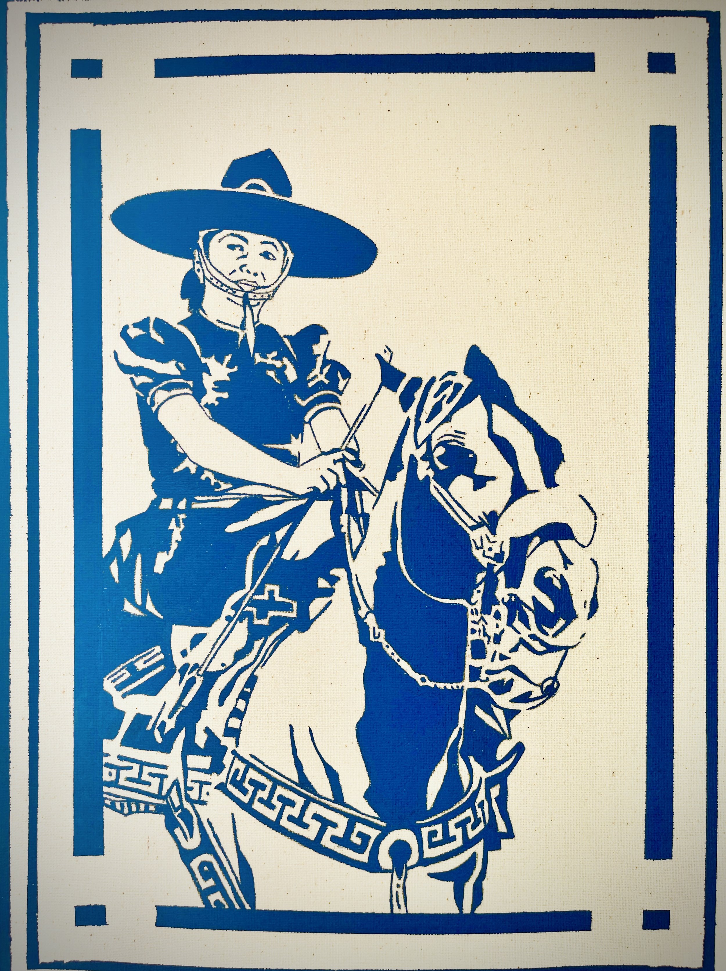 TITLE: Ama SERIES: Matchbox Cowgirls YEAR: 2025 MEDIUM: Acrylic on Canvas SIZE: 9 x 12 inches FRAMED: 16 x 13 inches SIGNED: On Verso (On Back) SHIPS FREE: Continental US Only