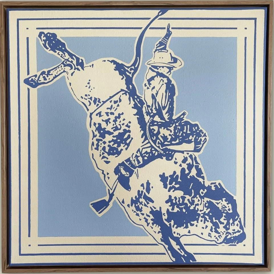 TITLE: The Ride SERIES: Matchbox Rodeo YEAR: 2025 MEDIUM: Acrylic on Canvas SIZE: 20 × 20 inches FRAMED: 21 × 21 inches PRICE: $350 SIGNED: On Verso (On Back), Under Dustcover SHIPS FREE: Continental US Only