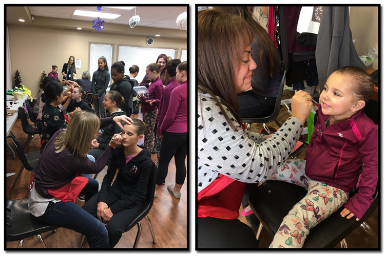 Dancers waiting in line at the make-up station. 