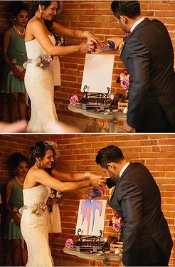"Taylor and Aaron each have a color of paint that represents them. As Taylor and Aaron blend their individual colors on the canvas, they create a work of art and a new color representing their being joined as one today. The painting is as unique and original as their relationship and would be incomplete if they did not paint it together" http://www.weddingchicks.com/2013/02/28/eco-friendly-la-wedding-venue/