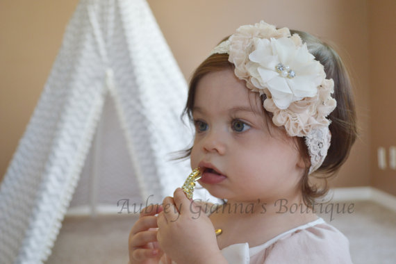 Baptism handmade headband ivory baby hair band christening tiara flower girl UK