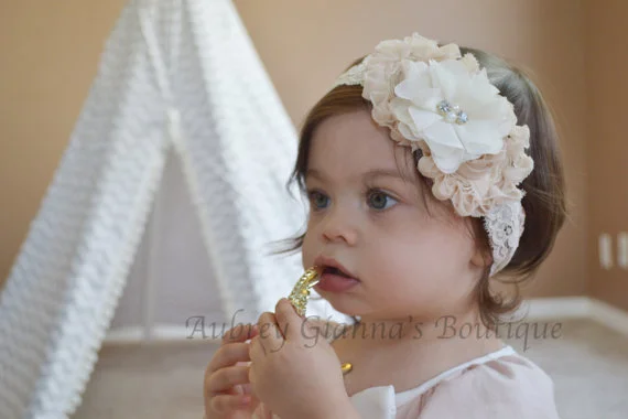 Baby Christening headband, flower girl headband, ivory and cream bow, ivory bow, baptism headband, newborn headband, headbands, vintage