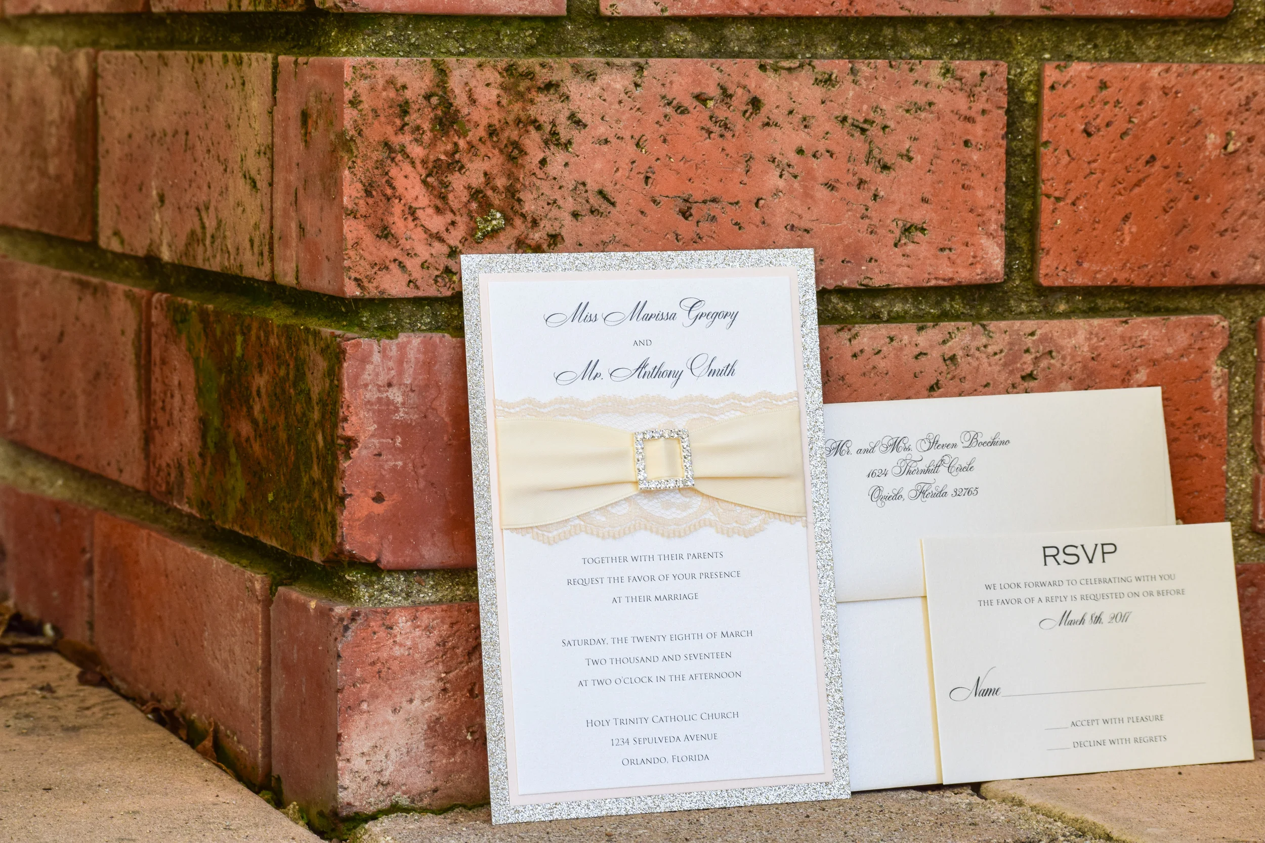 Gold Glitter + Lace Wedding Invitation by Lavender Paperie