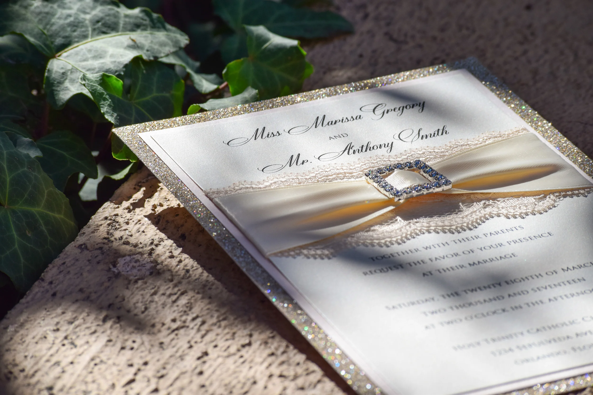 Gold Glitter + Lace Wedding Invitation by Lavender Paperie