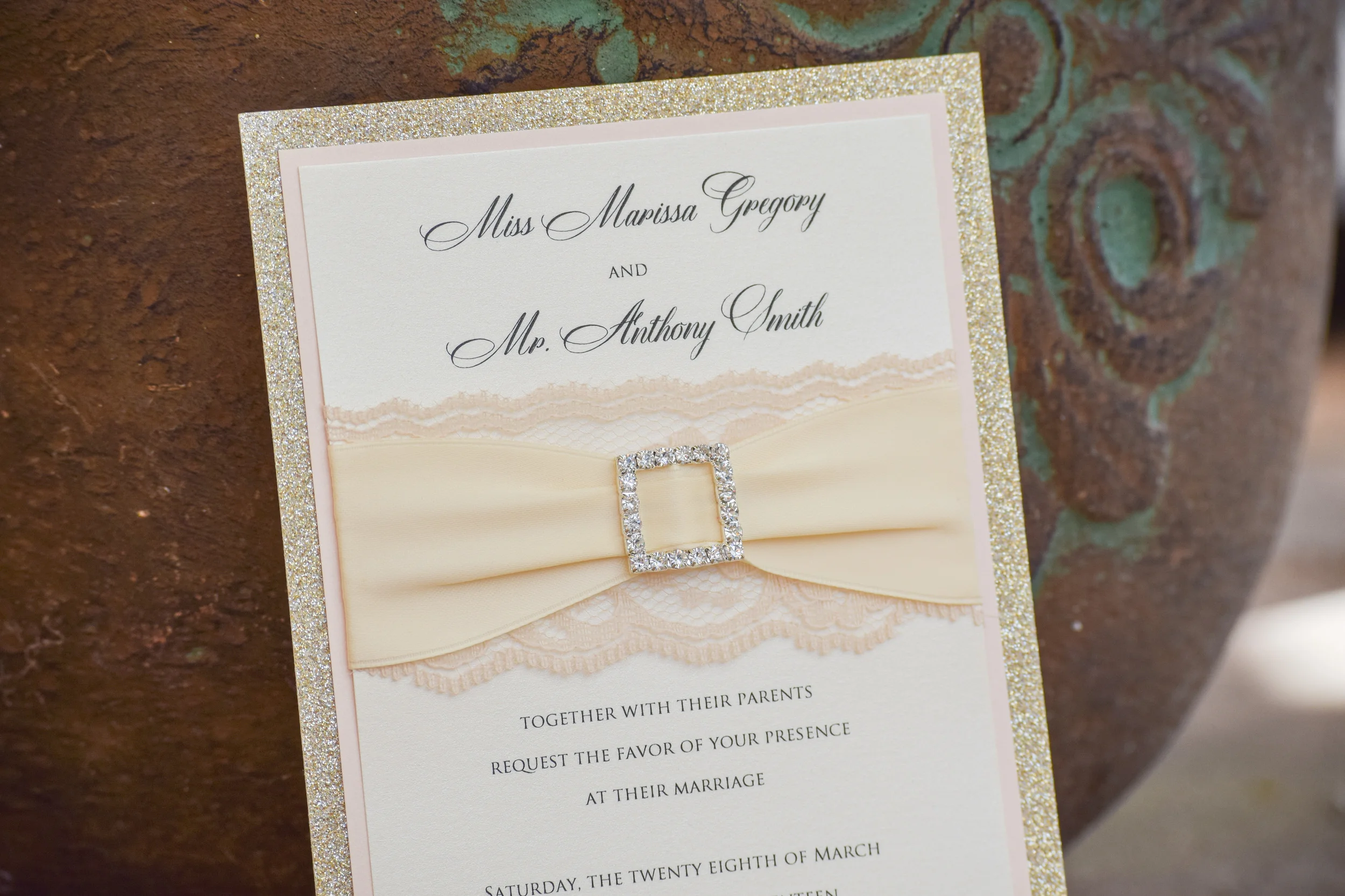 Gold Glitter + Lace Wedding Invitation by Lavender Paperie