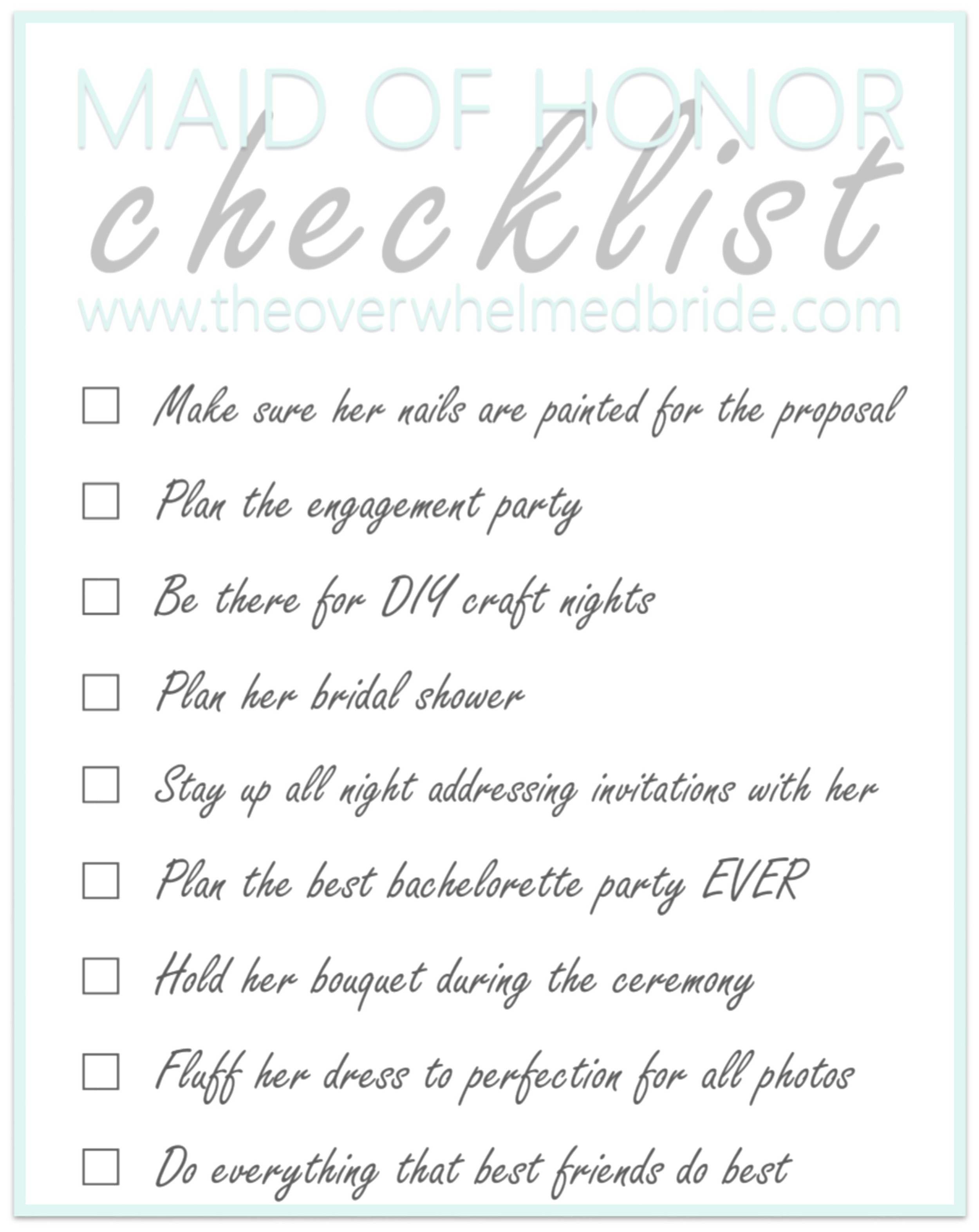 Maid Of Honor Duties Checklist Printable Printable Word Searches