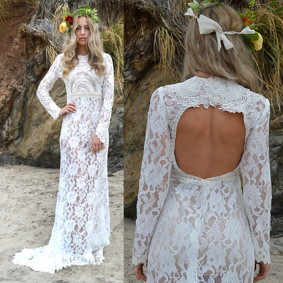 Sheer Lace Back Cut Out Boho Wedding Dress