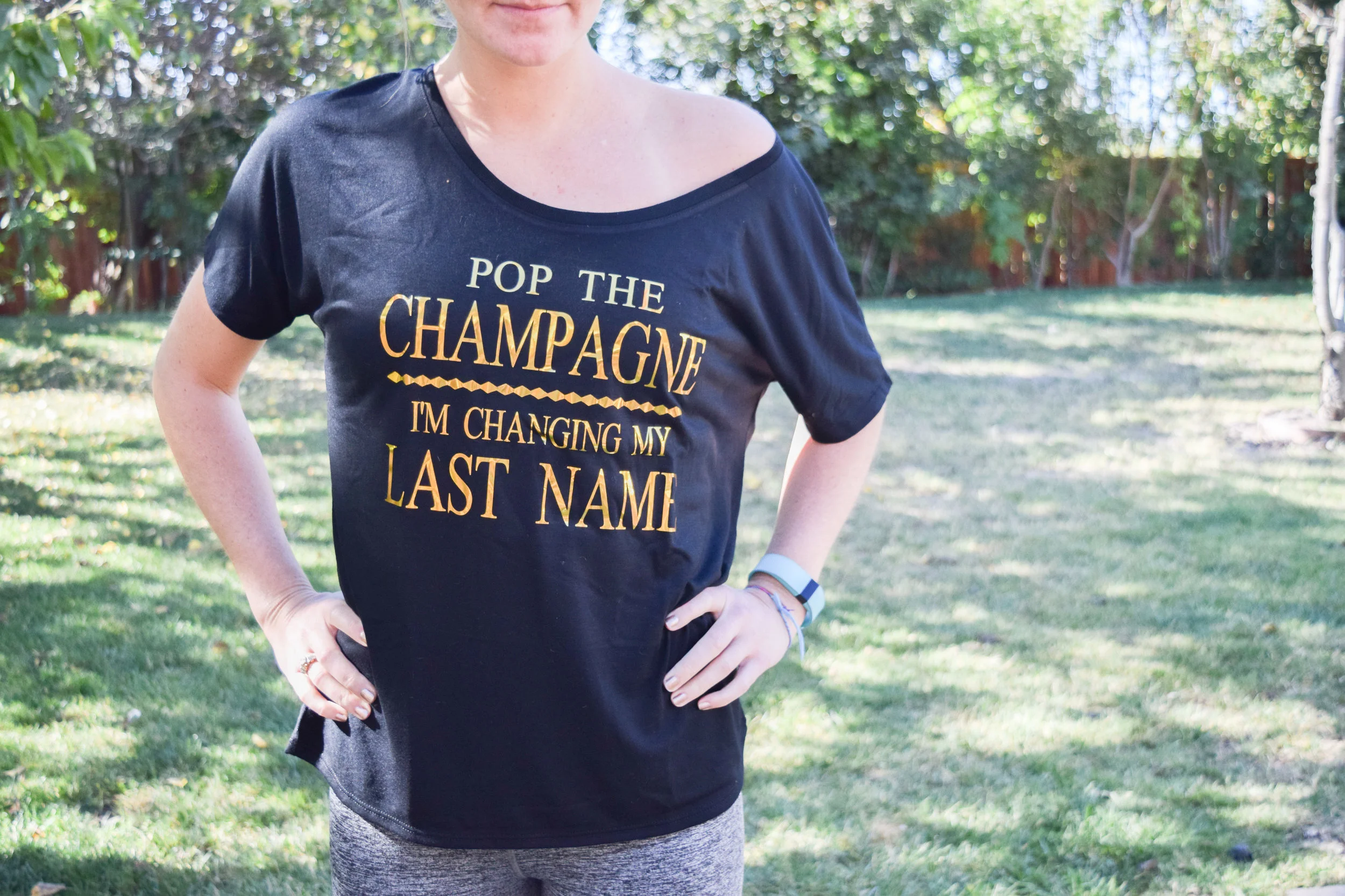 Bride to Be T Shirts - Bride Off the Shoulder Shirt - Pop the champagne, I'm changing my last name!