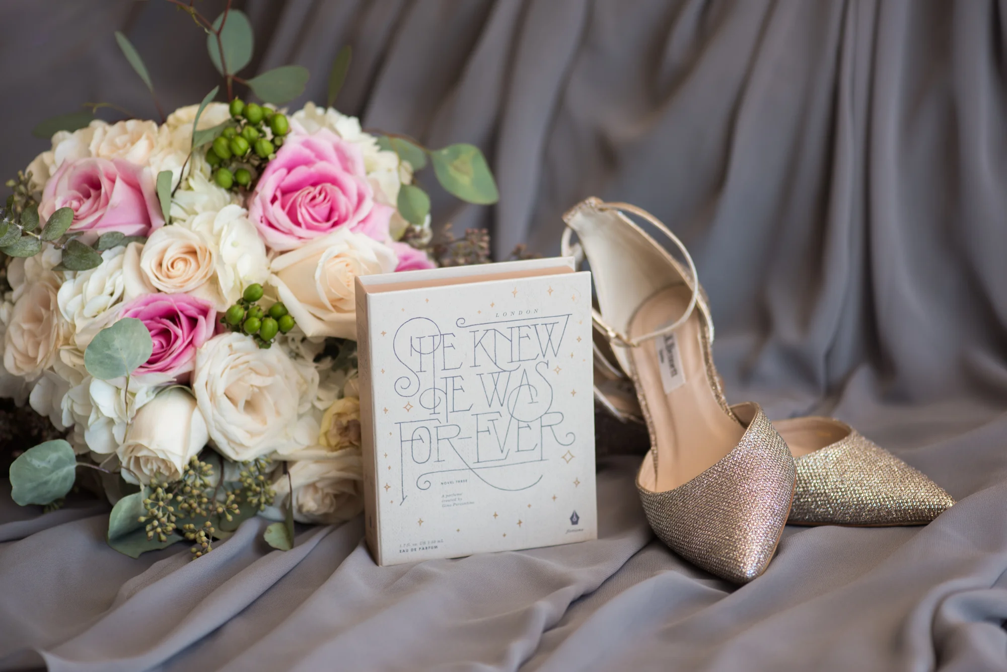Pink + White Wedding Bouqut, Gold Wedding Shoes - Travel Themed Wedding - Caitlin Gerres Photography