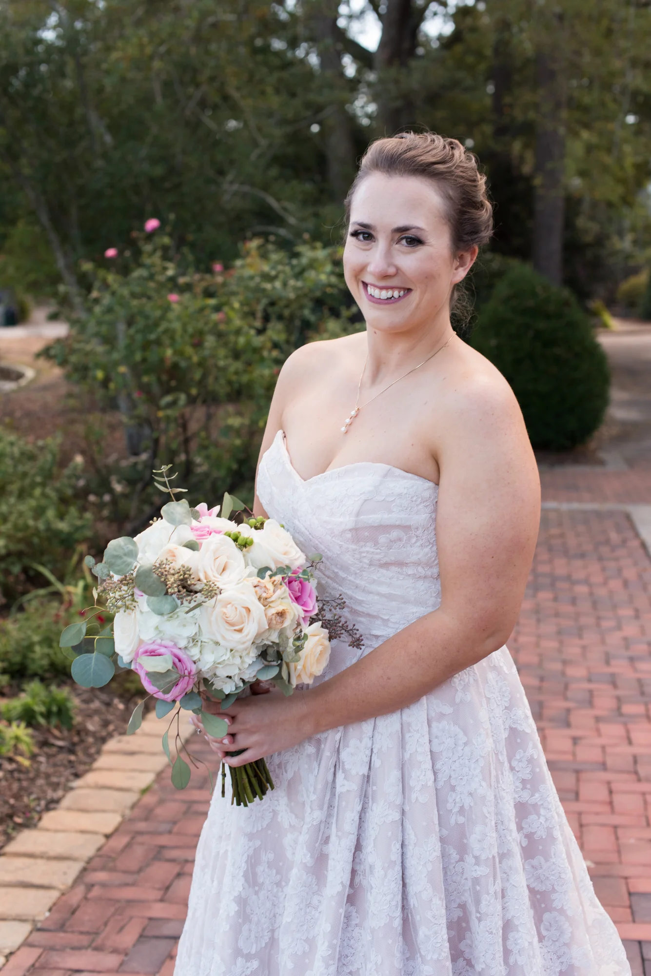 White and Pink Bridal Bouquet - Lace Wedding Dress - Travel Themed Wedding - Caitlin Gerres Photography