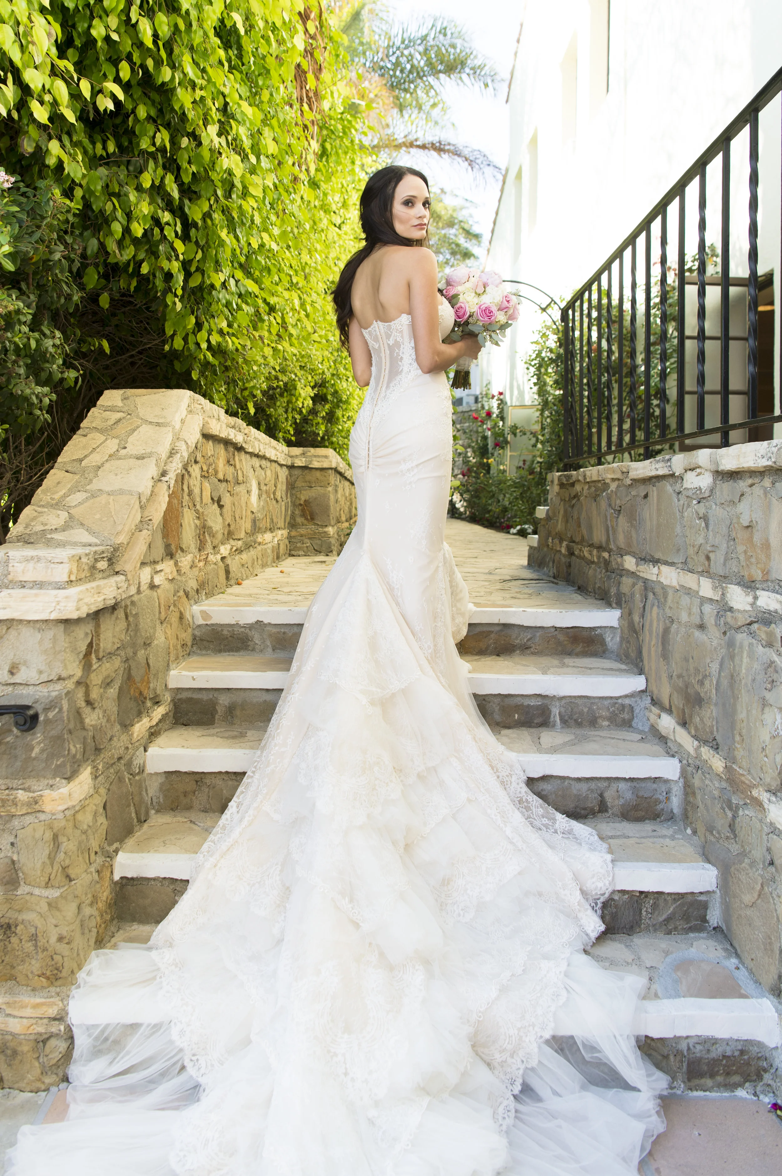Lace Wedding Dress with Long Train - A Romantic Bel Air Bay Club Ocean-View Wedding - Southern California Wedding - Kevin Dinh Photography