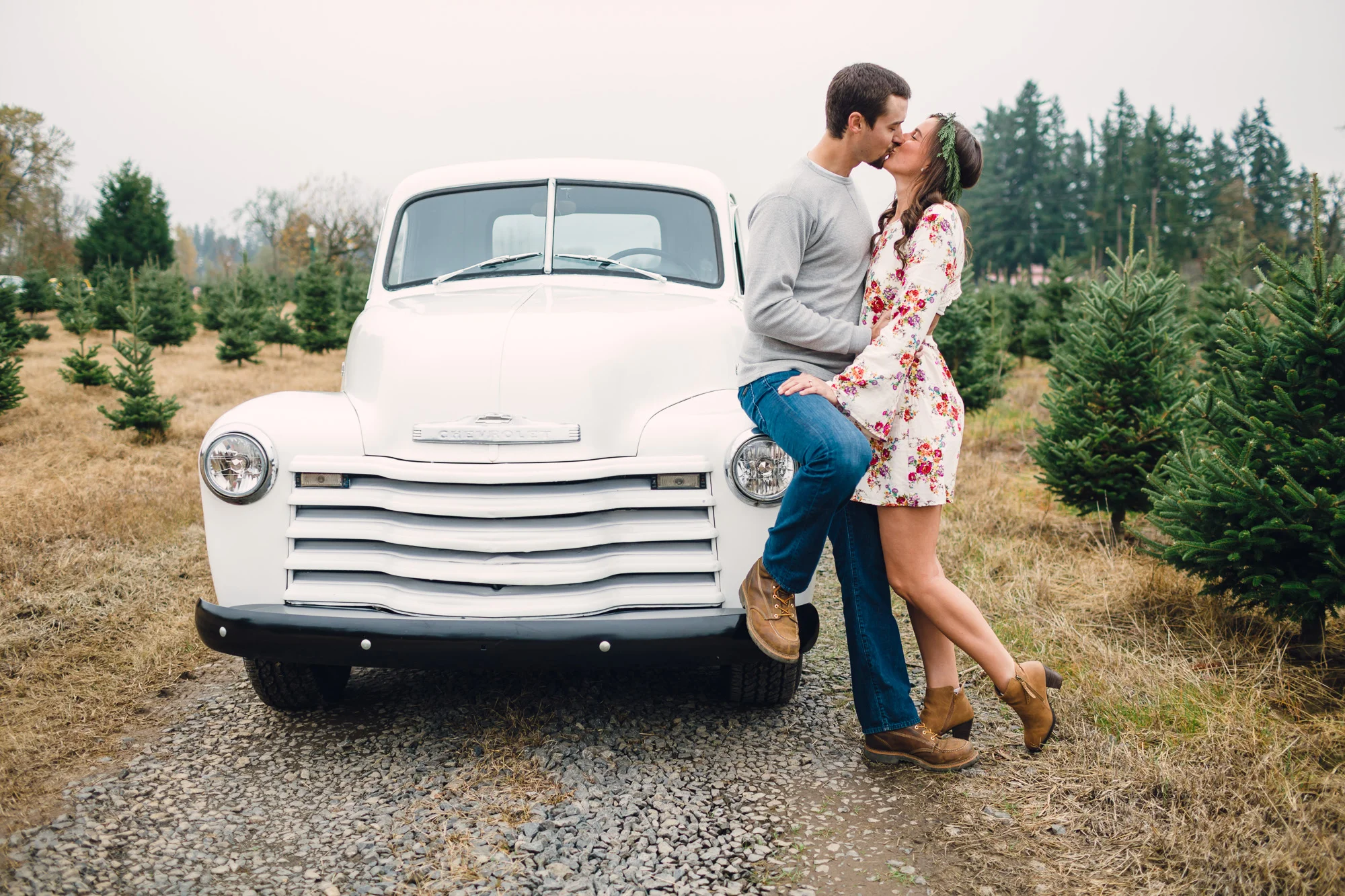 Vintage Chevy Truck Engagement Photos - Christmas Tree Farm Engagement Photos by Joshua Rainey Photography