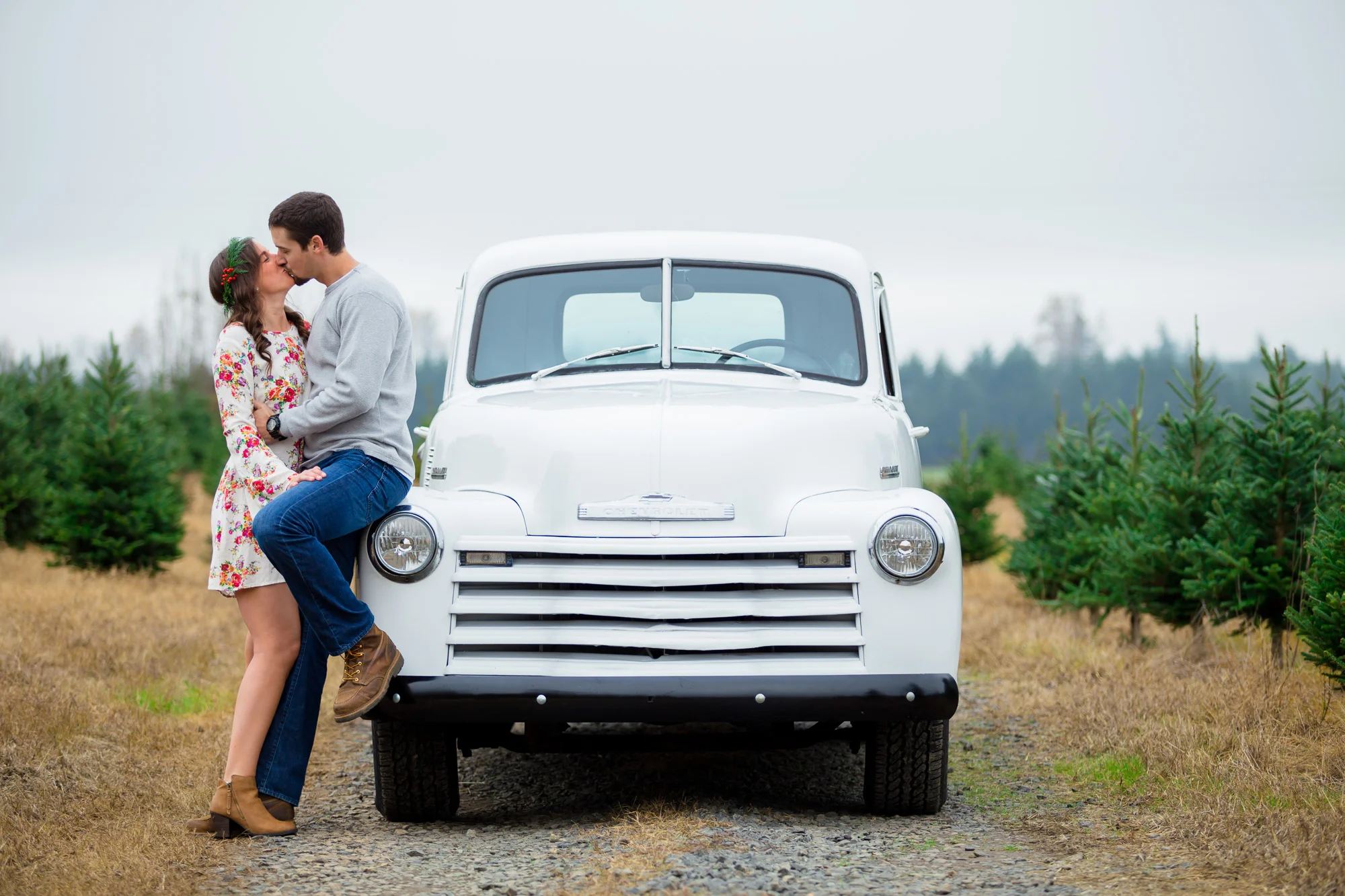Vintage Chevy Truck Engagement Photos - Christmas Tree Farm Engagement Photos by Joshua Rainey Photography