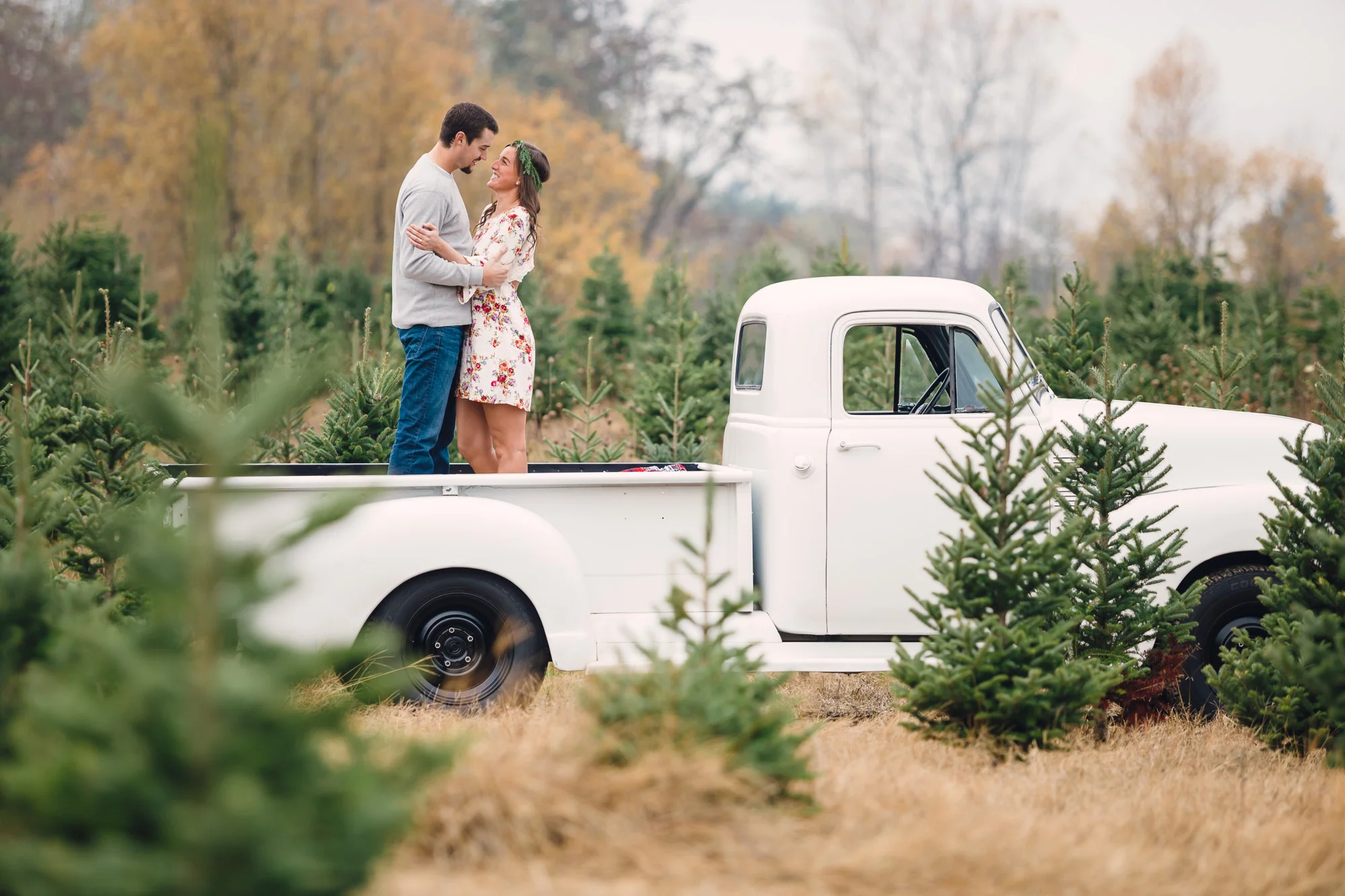 Vintage Chevy Truck Engagement Photos - Christmas Tree Farm Engagement Photos by Joshua Rainey Photography