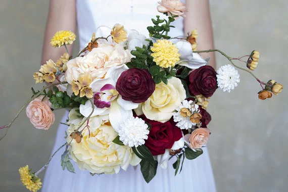 Silk Bridal Bouquet - Maroon and Yellow Silk Bridal Bouquet