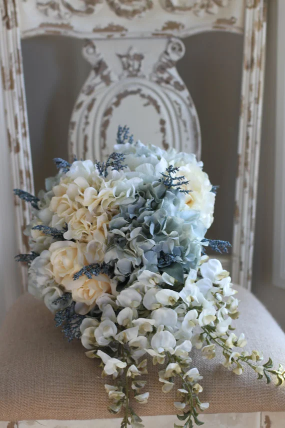 Silk Bridal Bouquet - Light Blue and White Silk Bridal Bouquet