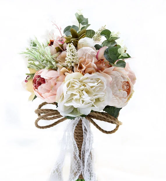 Silk Bridal Bouquet - White and Peach Silk Bridal Bouquet