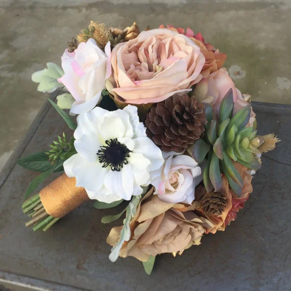 Silk Bridal Bouquet - Peach and White Silk Bridal Bouquet