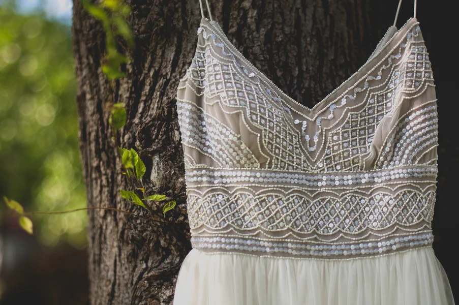 Beaded Wedding Dress with Flowy Skirt - A Forest Wedding Ceremony - Melissa Cervantes Photography