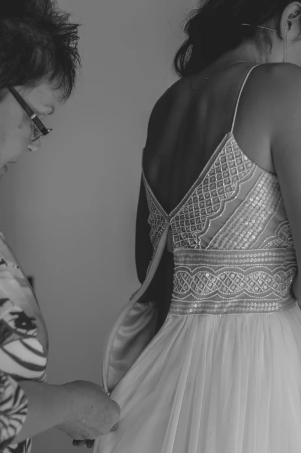 Beaded wedding dress with flowy skirt - A Forest Wedding Ceremony - Melissa Cervantes Photography