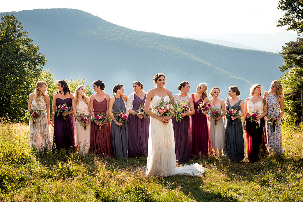 Shades of Purple Bridesmaid Dresses - Catskills Hunter Mountain Bohemian Wedding - Custom by Nicole Photography