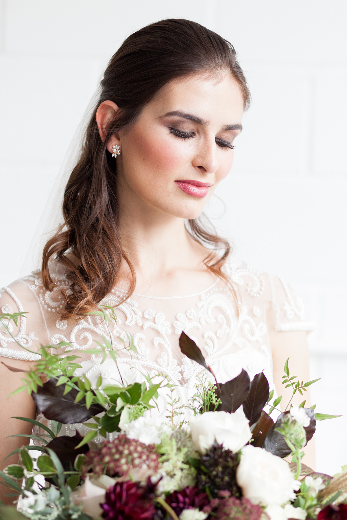 Lose Burgundy Bridal Bouquet - Industrial Warehouse Wedding -- The Overwhelmed Bride - Wedding Blog 