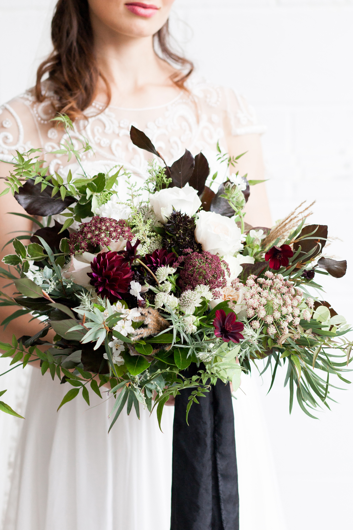 Lose Burgundy Bridal Bouquet - Industrial Warehouse Wedding -- The Overwhelmed Bride - Wedding Blog 