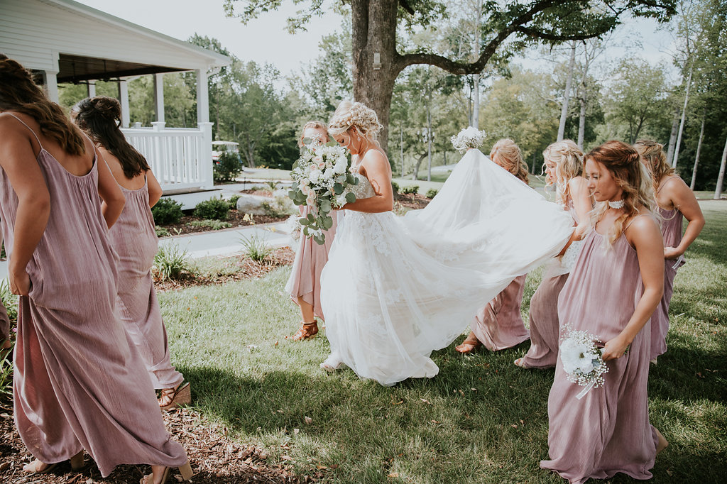 Blush Long Bridesmaid Dresses - North Carolina Wedding Venue - Triple J Manor House Wedding